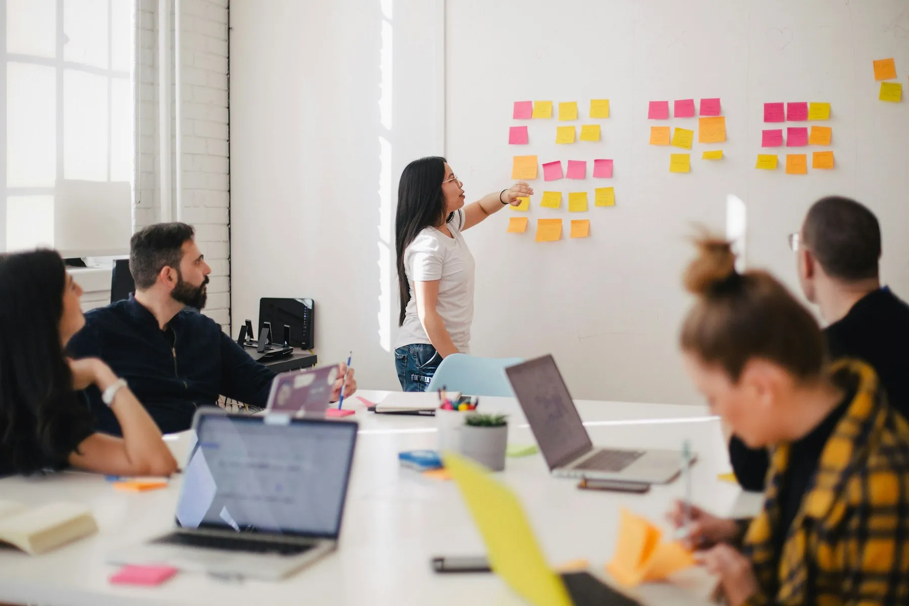 Product team planning with sticky notes on a wall